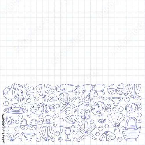 Vector doodle pictures of beach vacation and tropical sea life