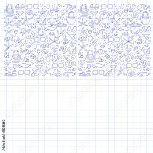 Vector doodle pictures of beach vacation and tropical sea life