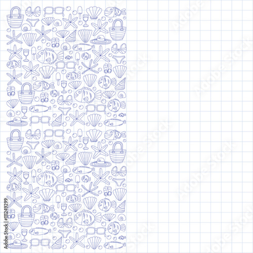 Vector doodle pictures of beach vacation and tropical sea life