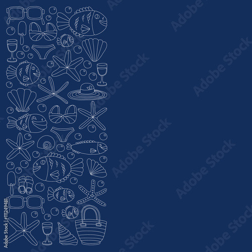 Vector doodle pictures of beach vacation and tropical sea life