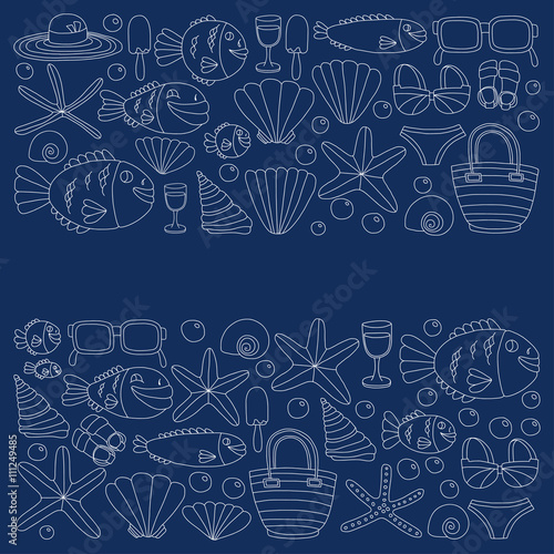 Vector doodle pictures of beach vacation and tropical sea life