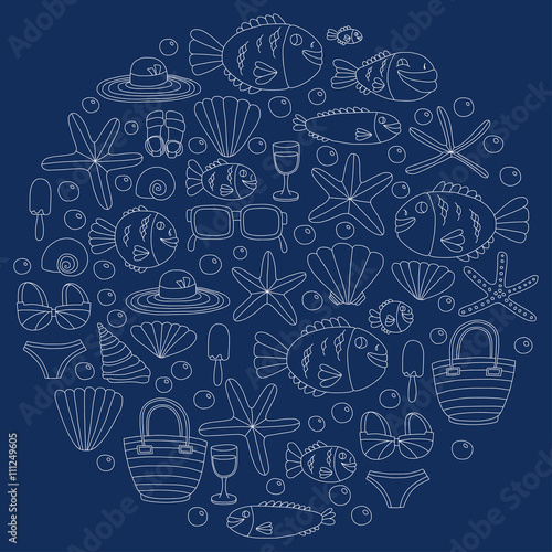 Vector doodle pictures of beach vacation and tropical sea life
