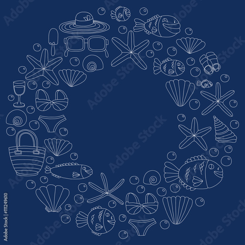 Vector doodle pictures of beach vacation and tropical sea life