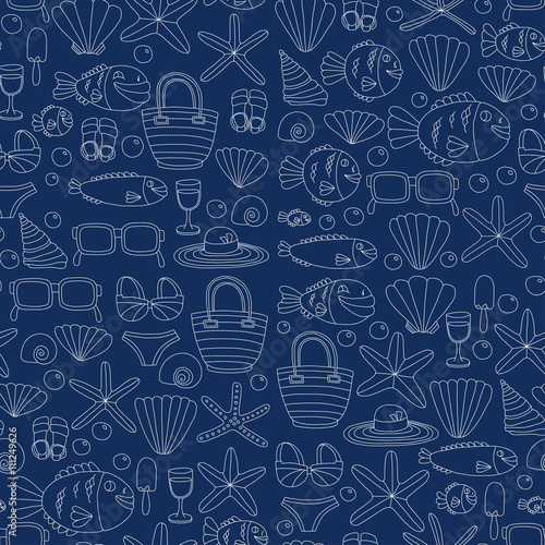 Vector doodle pictures of beach vacation and tropical sea life