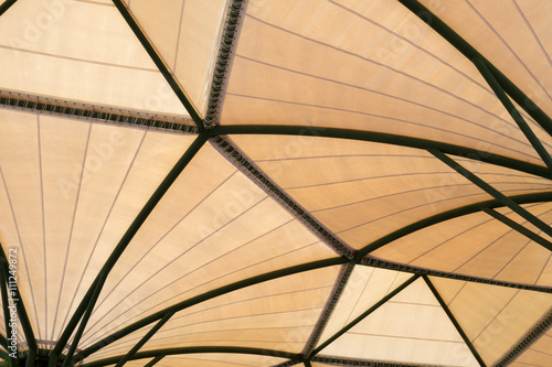 Inside of fabric roof structure stadium with plant in metal stru