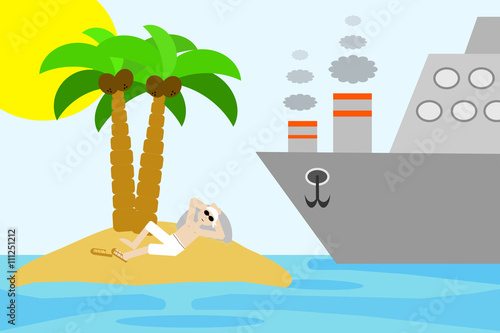 A man enjoys his solitude in a desert island while a big boat is coming