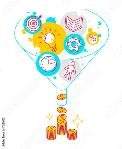 Funnel flow concept. Modern line style illustration. Process of conversion ideas, time, information, technologies to money. Infographics vector elements for business publish, web, social media