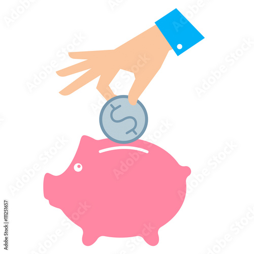 Money savings concept. Flat vector illustration of piggy bank and hand with coin. Businessman putting a coin in a piggy-bank to save finance. Template for infographic, web, publish, social networks