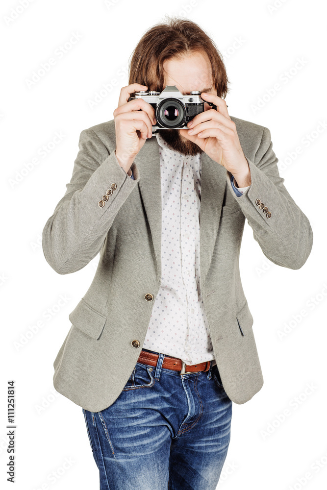 photographer with old retro film camera. isolated on white back photographer with old retro film camera. isolated on white back