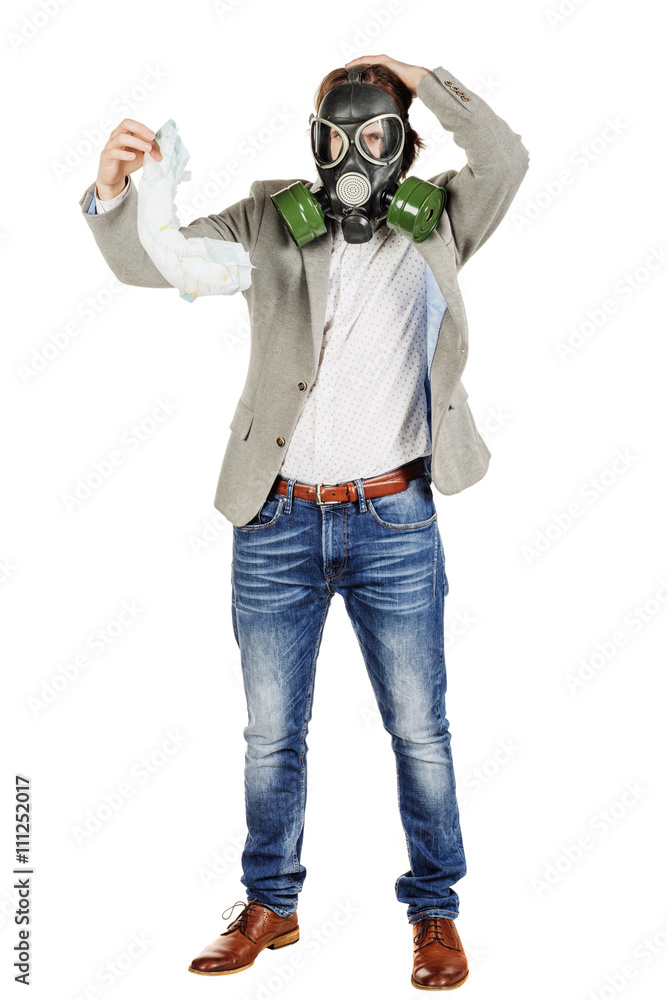 father holding dirty dirty diaper in one hand fingers with gas mask father holding dirty dirty diaper in one hand fingers with gas mask