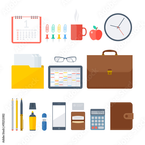 Business and office workplace items. Vector flat illustration of top view object set. Isolated business and office workspace accessories on white background. Infographic elements for web, presentation