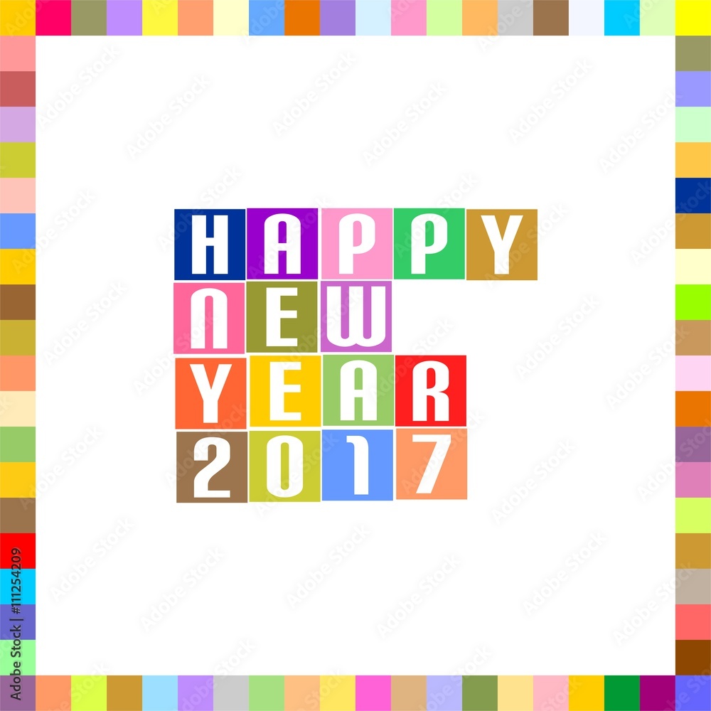 New Year Greetings for 2017 with white lettering Happy New Year 2017 in colorful squares with a frame around the color pixels on a white background New Year Greetings for 2017 with white lettering Happy New Year 2017 in colorful squares with a frame around the color pixels on a white background