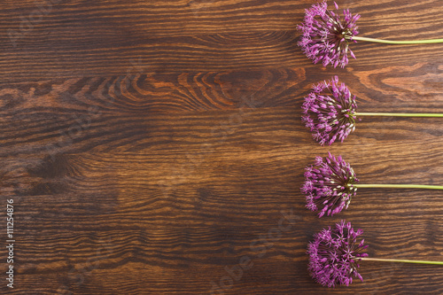 Violet flowers on the wooden board