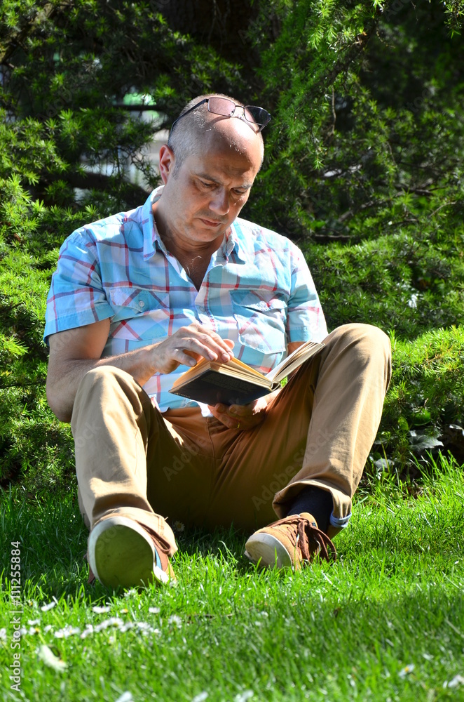 Obraz premium Mann liest ein Buch auf der Wiese