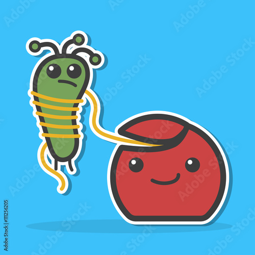 Dental floss caught bacteria. hygiene concept.