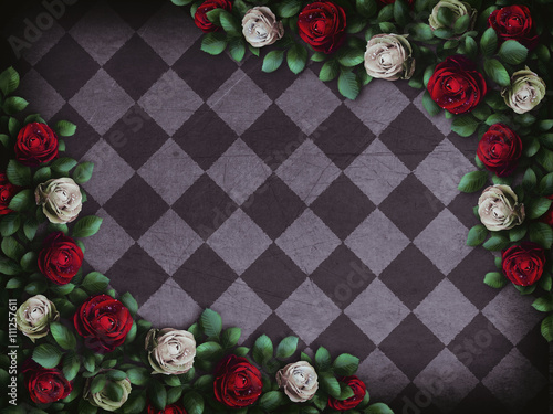 Alice in Wonderland. Red roses and white roses on chess background. Wonderland background. Rose flower frame. Illustration
