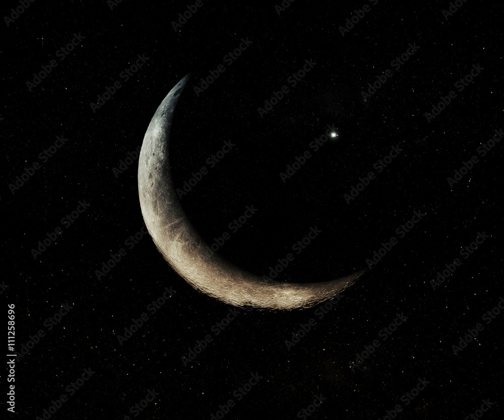 Fototapeta premium New crescent moon Space Background With Stars on the black dark night sky