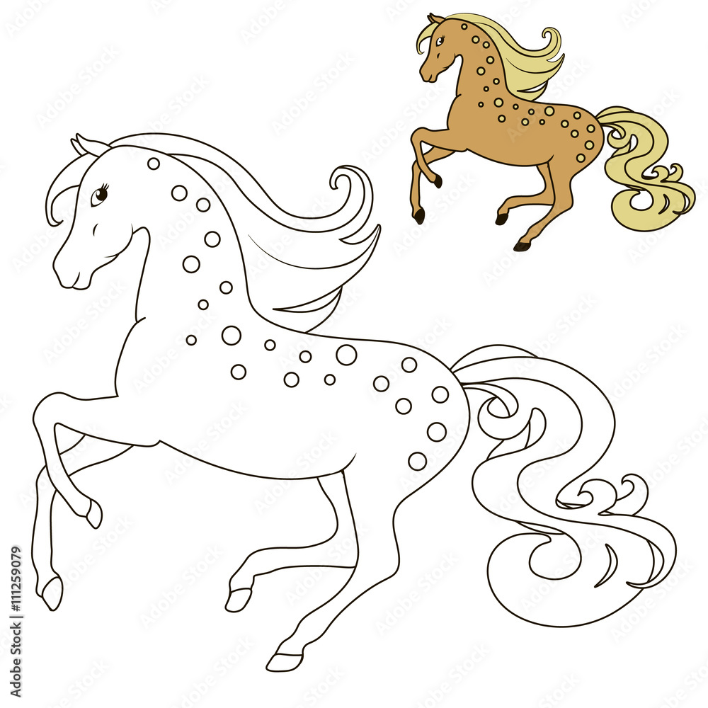 Fototapeta premium education of the horse in motion coloring book for children, with examples of flowers vector illustration
