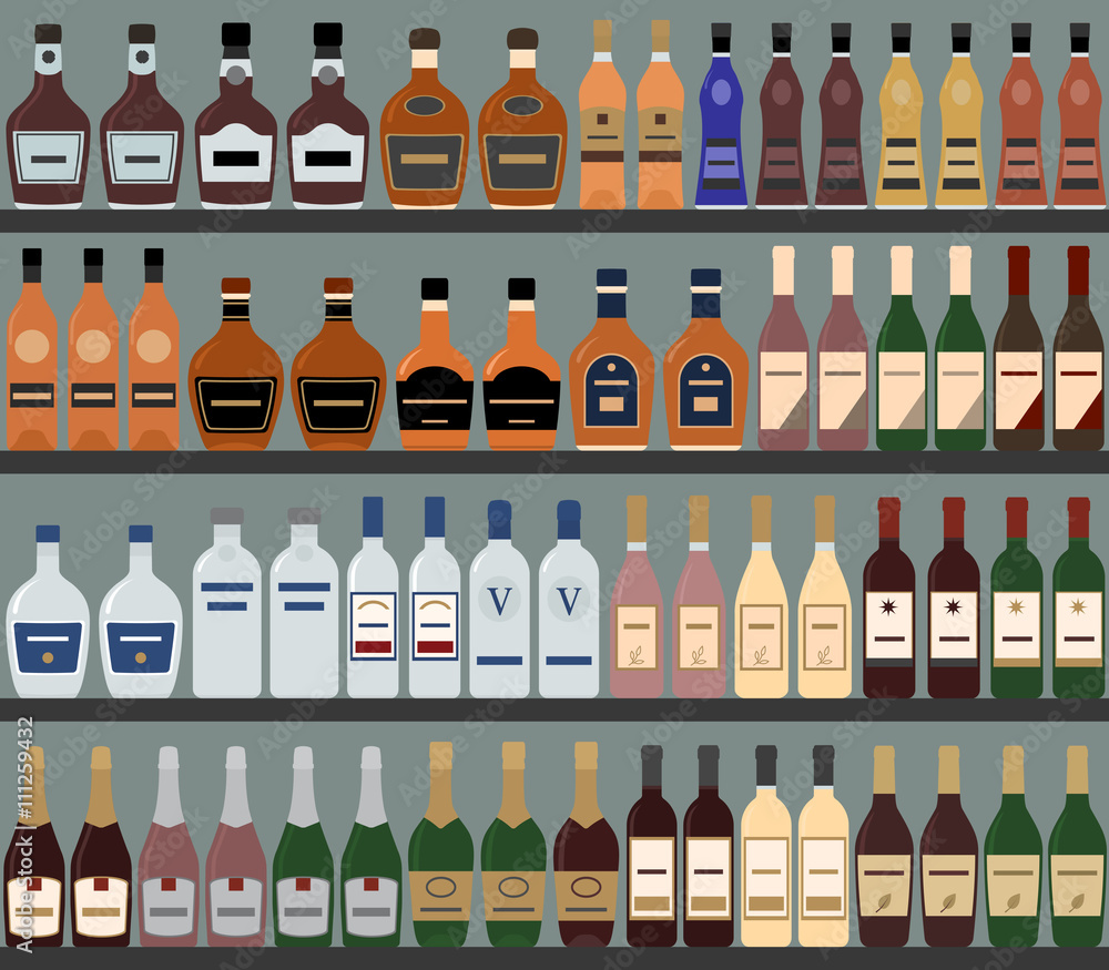 Supermarket shelves with alcohol. Vector background. Seamless pattern.

