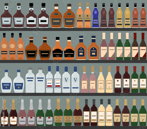 Supermarket shelves with alcohol. Vector background. Seamless pattern.
