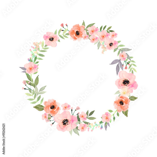 Vector watercolor flowers frame. Elegant floral collection with isolated flowers and leaves in circle frame.