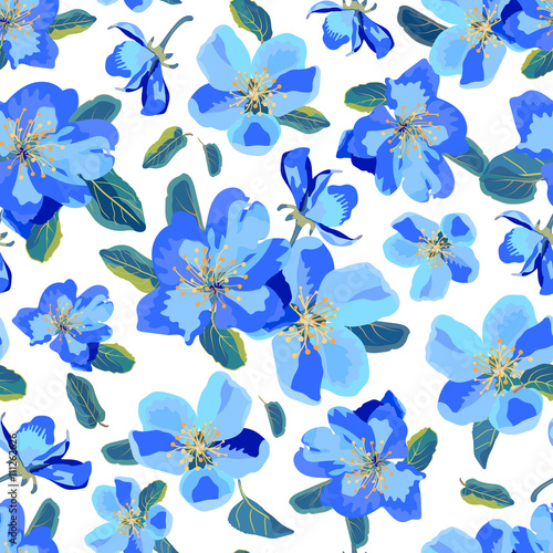 Seamless floral  background. Isolated blue flowers and leaves on white background.