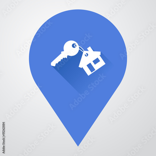 Icono plano localizacion con llave de vivienda con sombra