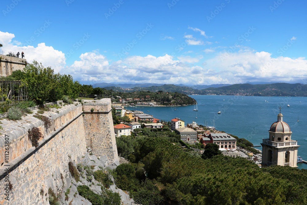 View from Castello to Porto Venere Liguria in Italy 