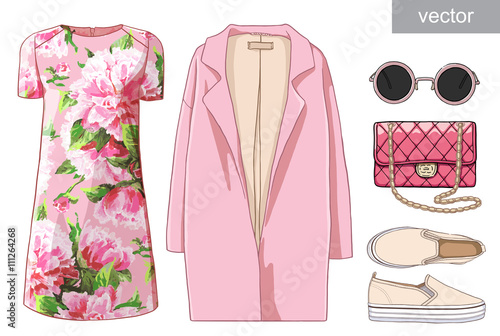 Lady fashion set of spring, winter season outfit. Illustration stylish and trendy clothing. © doublebubble_rus