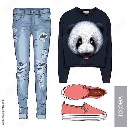 Lady fashion set of autumn, winter season outfit. Illustration stylish and trendy clothing. Denim, slip-on, jeans. 