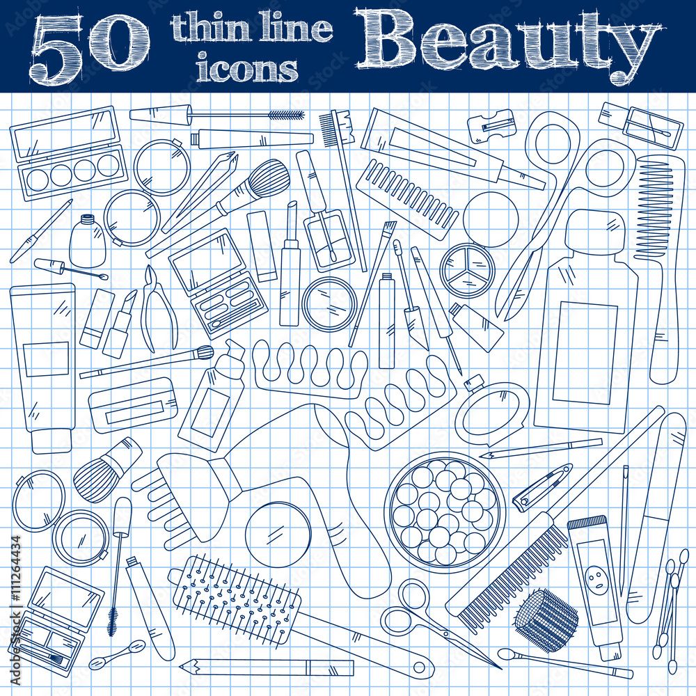 Tools for makeup. Set of 50 cosmetic icons in thin line on noteboook. Tools for makeup. Set of 50 cosmetic icons in thin line on noteboook.