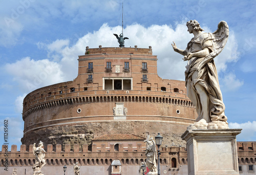 Sant Angelo castle and bridge with beautiful baroque angels among clouds  in the center of Rome