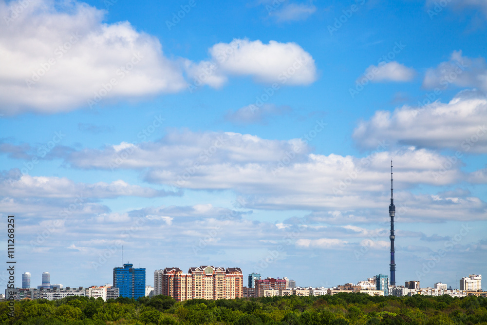 city and forest under cloudy blue sky in summer
