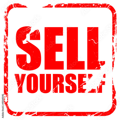 sell yourself, red rubber stamp with grunge edges