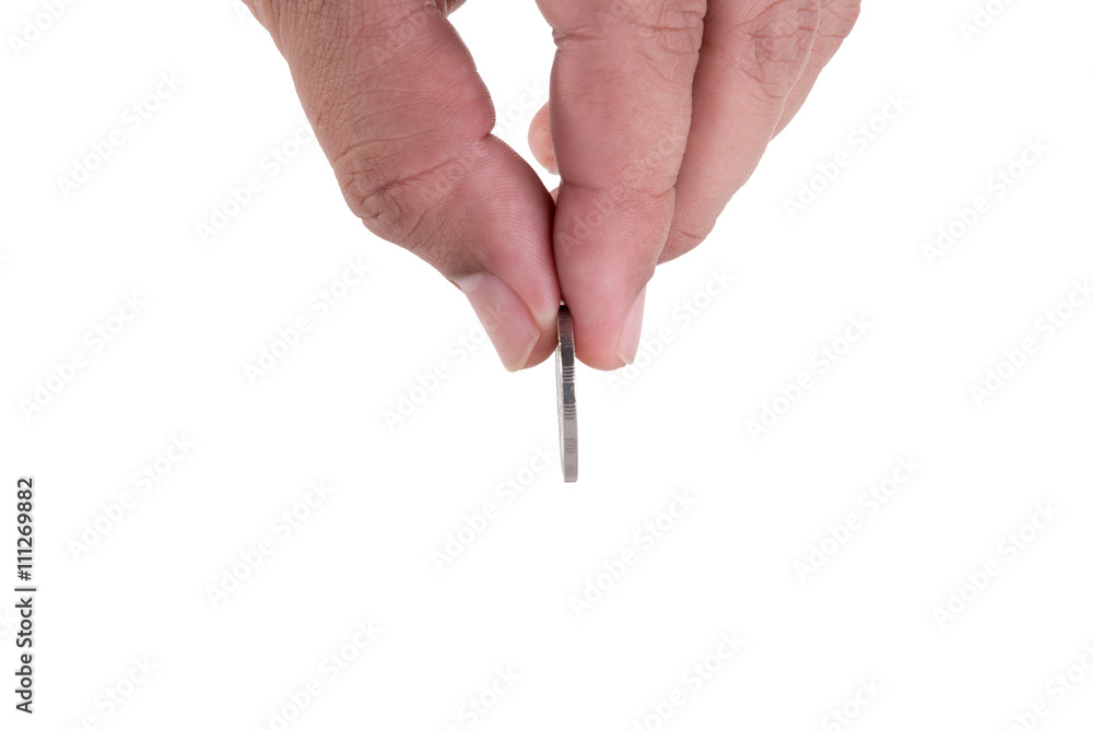 man hand putting a coin isolated on white background man hand putting a coin isolated on white background