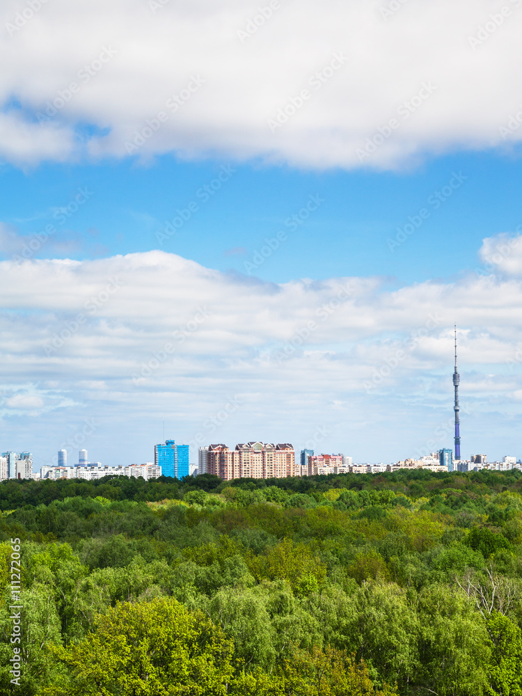 forest and city on horizon under cloudy blue sky