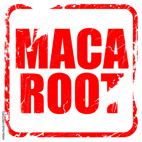 maca root, red rubber stamp with grunge edges
