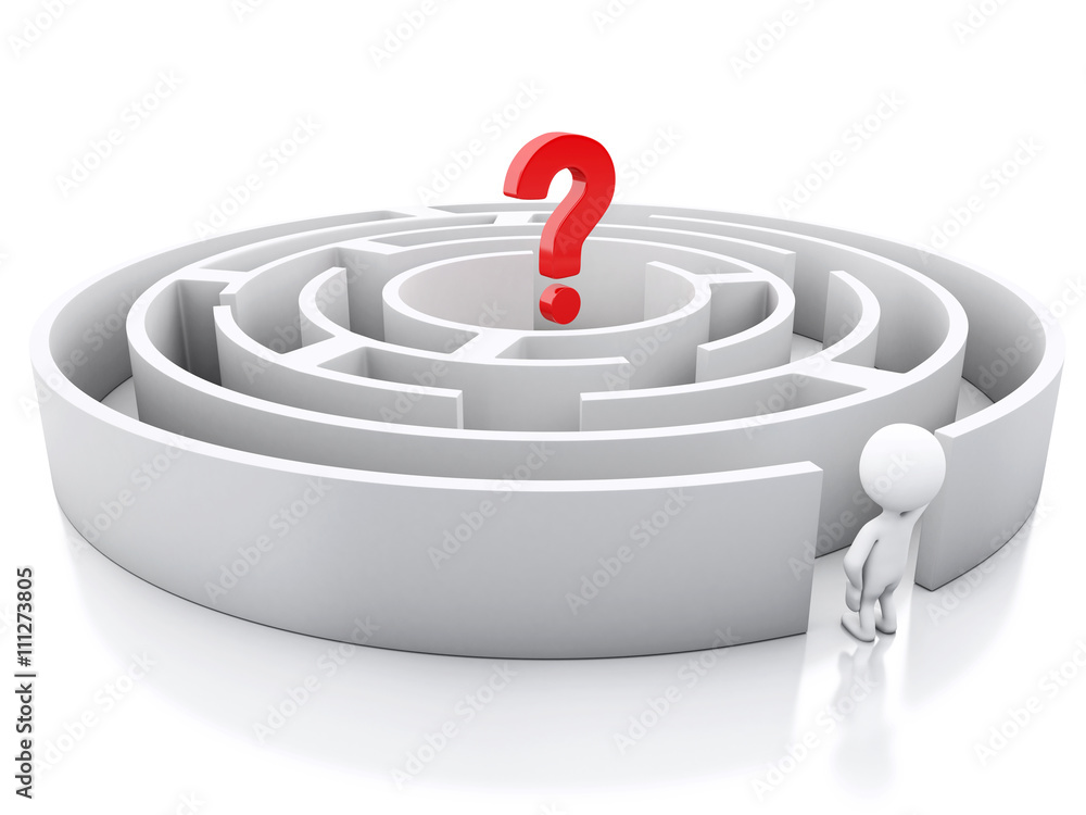 3d White people with a maze and question mark. 3d White people with a maze and question mark.