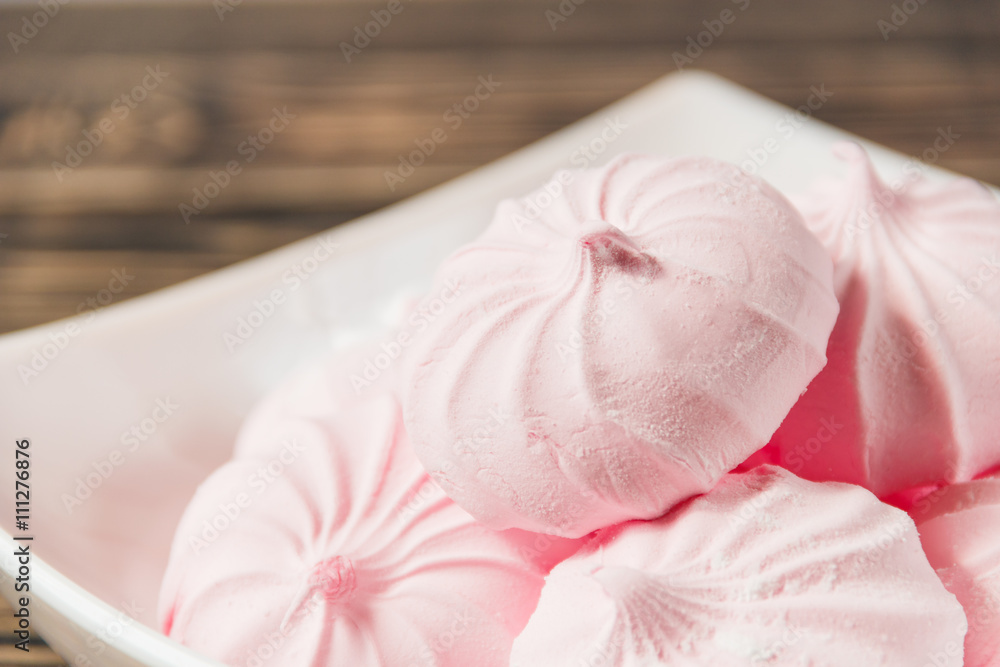 Pink Marshmallows - Zephyr in White Plate. Sweet Dessert Concept