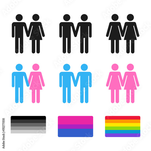 Heterosexual and homosexual couples with flags