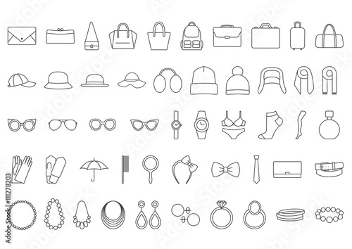 Accessories icons. Line icons  bags, hats, jewelry, glasses