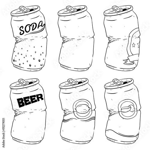 Set Of Black And White Broken Beer Lime Coffee And Soda Cans With Doodle Or Sketchy Style