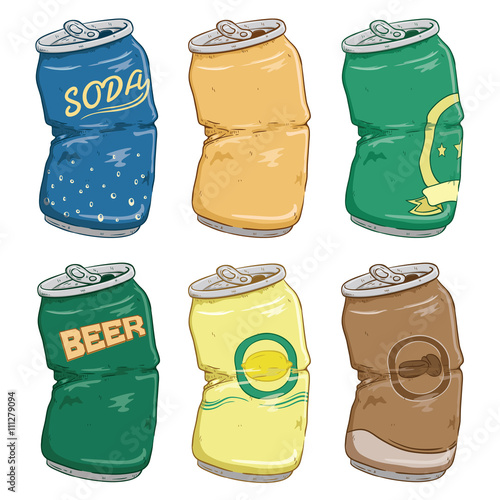 Set Of Broken Beer, Lime, Coffee And Soda Cans With Color And Doodle Or Sketchy Style
