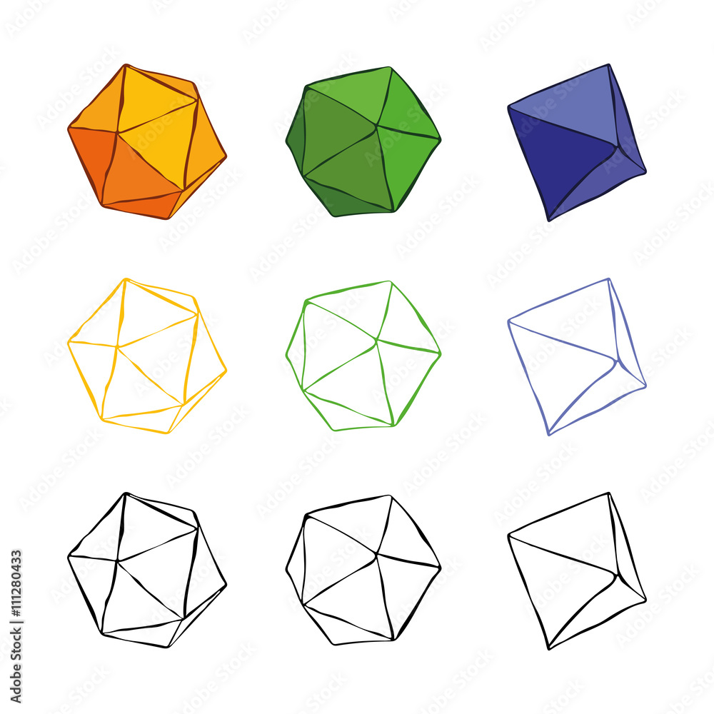 Volumetric shapes out of paper. Polyhedrons. Vector isolated object on white background. Volumetric shapes out of paper. Polyhedrons. Vector isolated object on white background.