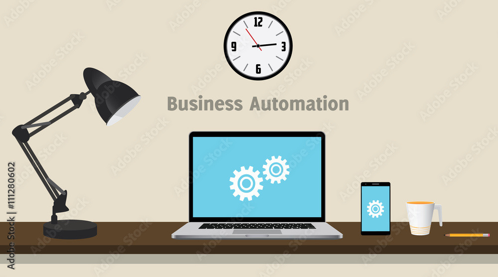 business automation with laptop and gear on the computer and the desk vector graphic illustration