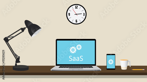saas software as a service concept with laptop on the desk and gear vector graphic illustration