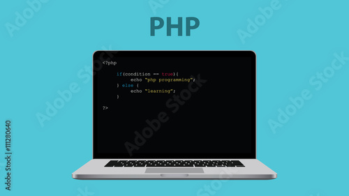 php programming language with laptop and code on the computer vector graphic illustration