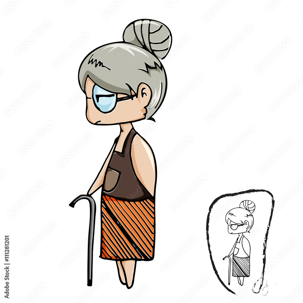cute old lady vector cartoon with black line drawing Stock Vector | Adobe  Stock