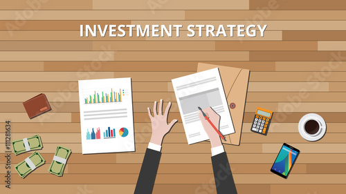 people work on their desk to make an investment strategy with paper and document money graph wallet calculator vector graphic illustration