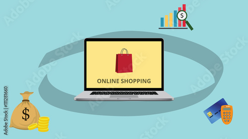 online shopping business with laptop money gold coin graph credit card token payment method vector graphic illustration